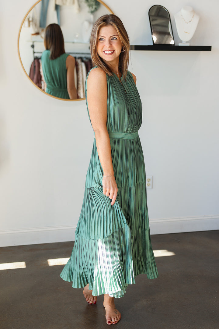 Split Neck Pleated Maxi Dress - Sage