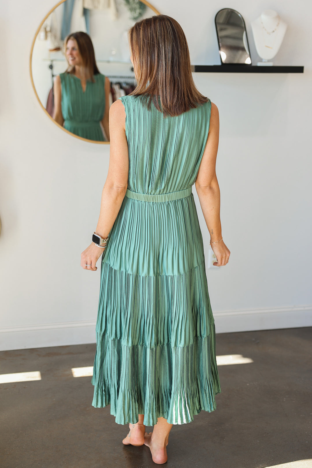 Split Neck Pleated Maxi Dress - Sage