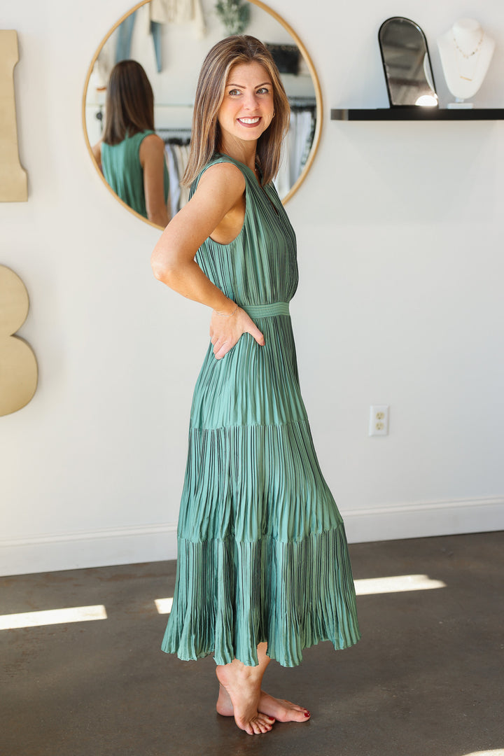 Split Neck Pleated Maxi Dress - Sage