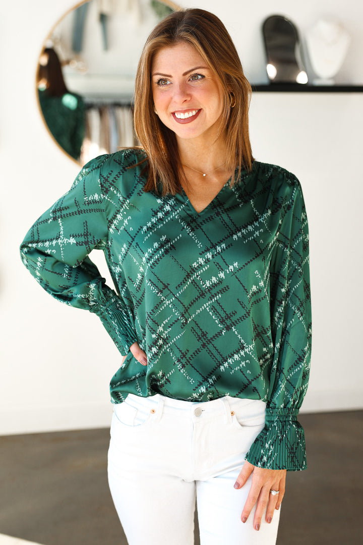 Smocked Detail Printed Top - Green