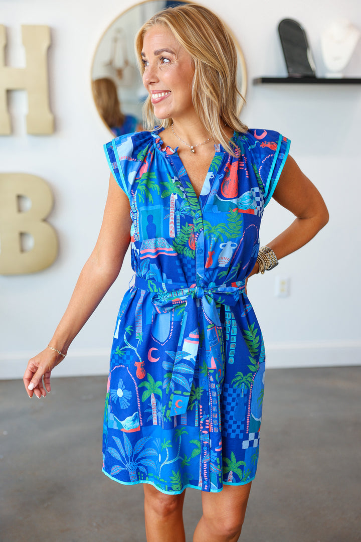 Tie Waist Printed Dress - Blue
