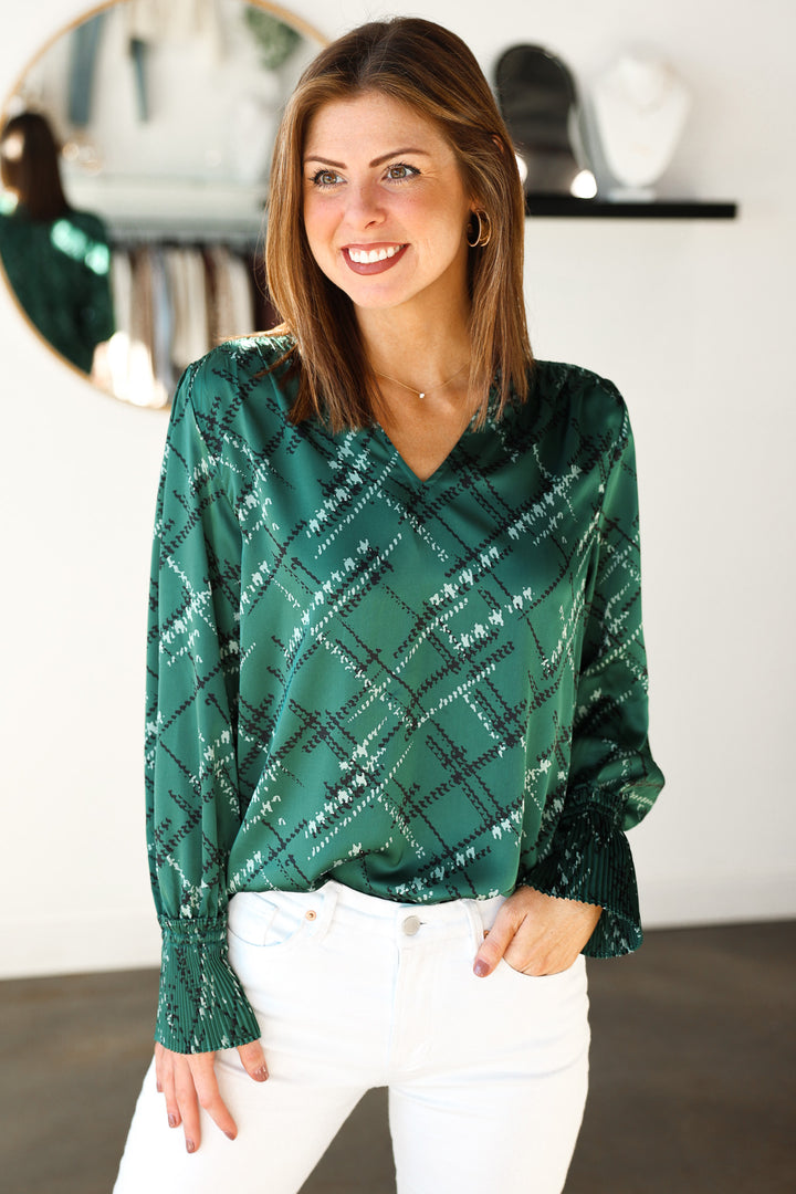 Smocked Detail Printed Top - Green