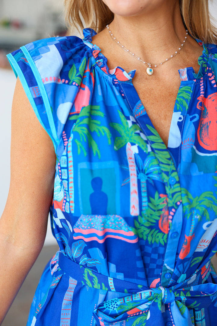 Tie Waist Printed Dress - Blue