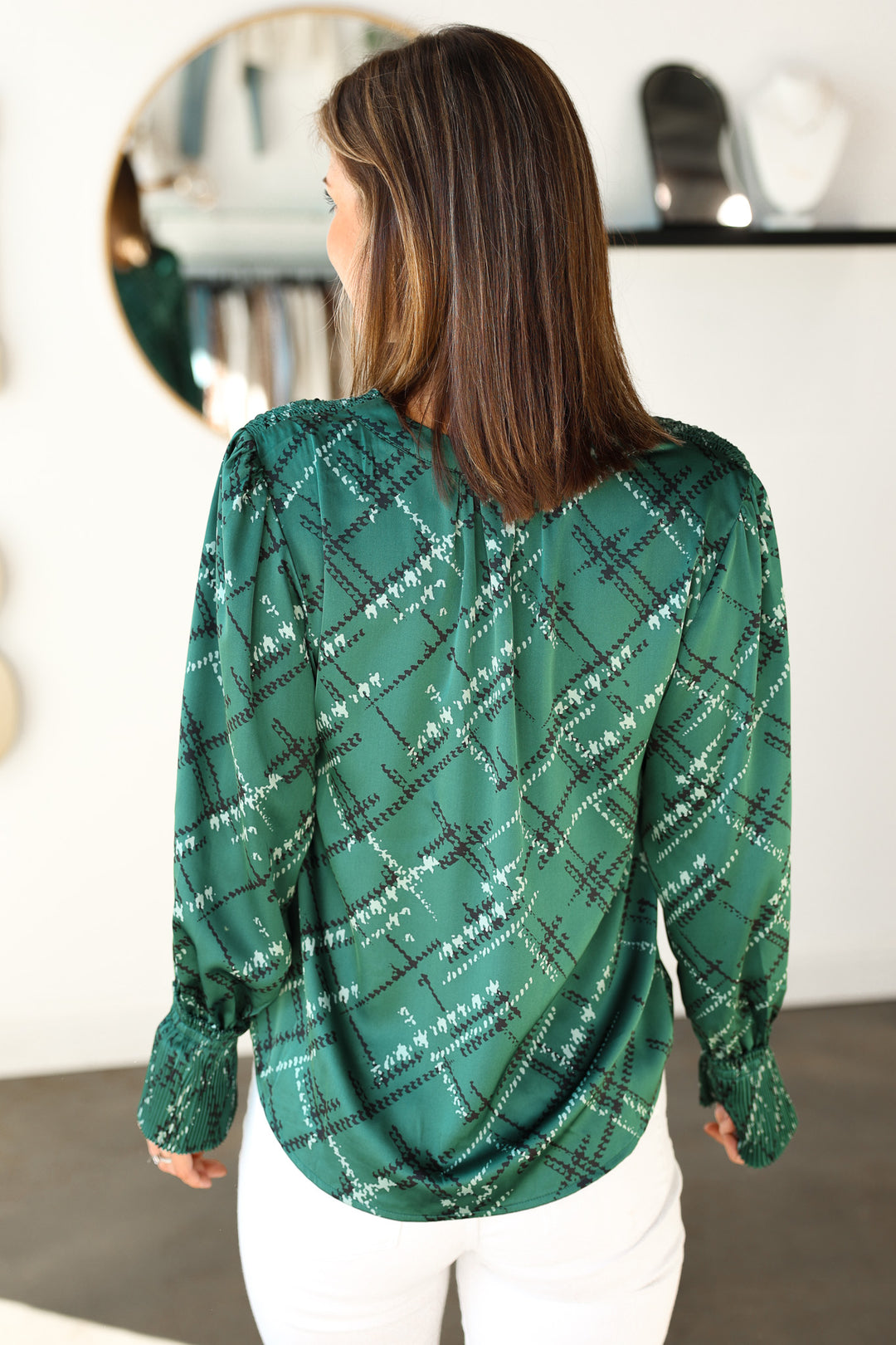 Smocked Detail Printed Top - Green