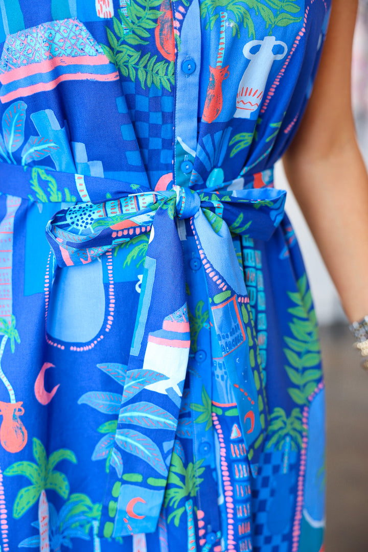 Tie Waist Printed Dress - Blue