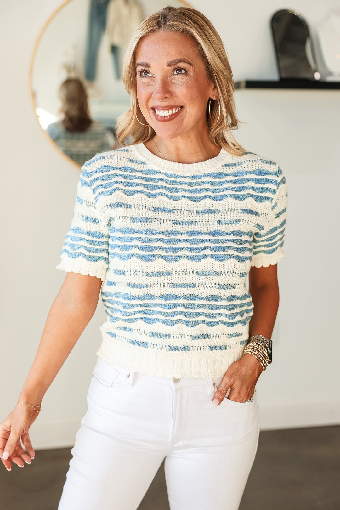 Scalloped Ribbed Short Sleeve Sweater - Blue