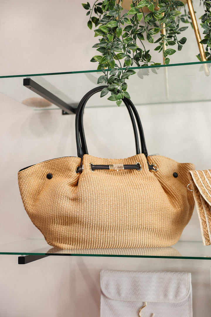 Straw Tote Bag - Natural/Black