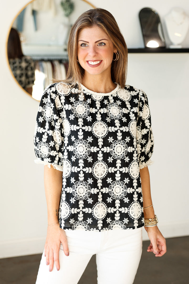 Embroidered Cotton Top - Black