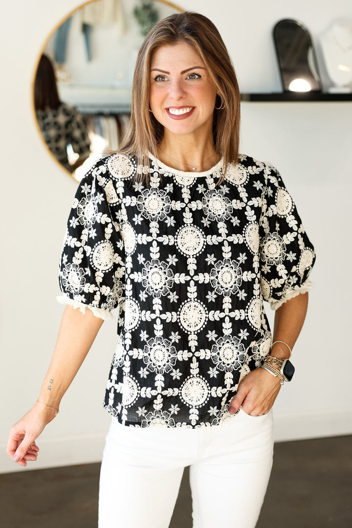 Embroidered Cotton Top - Black