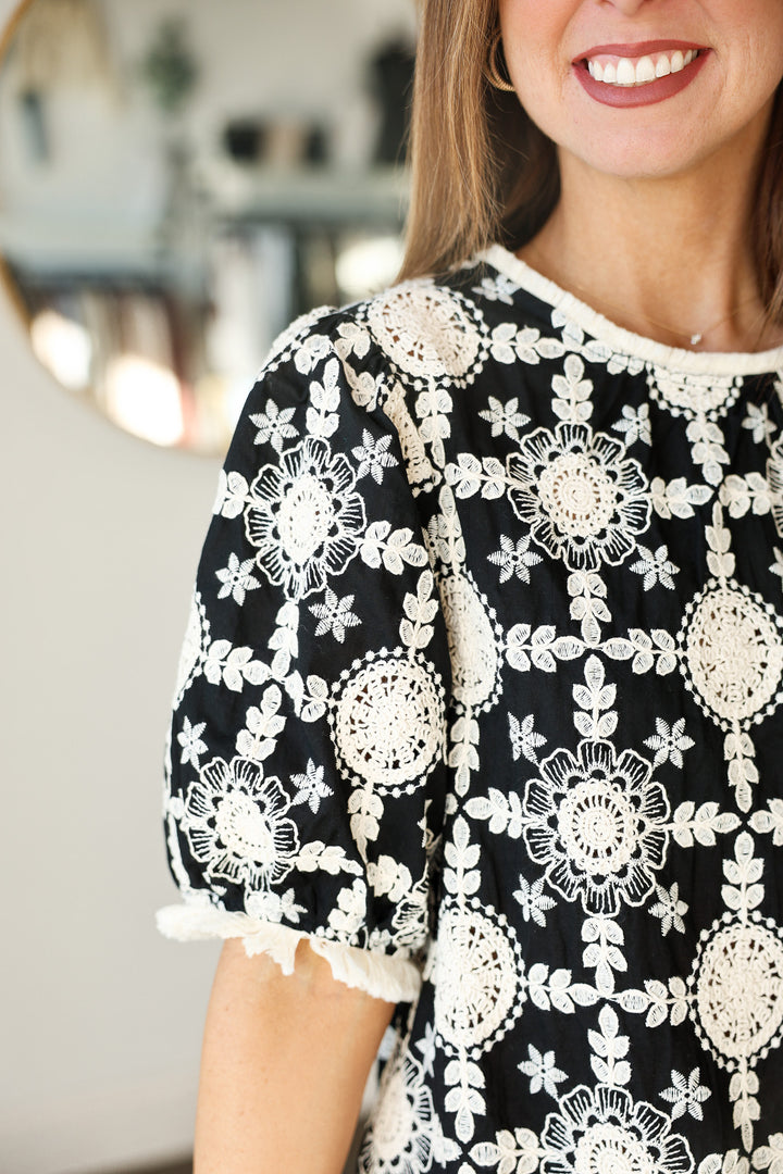 Embroidered Cotton Top - Black