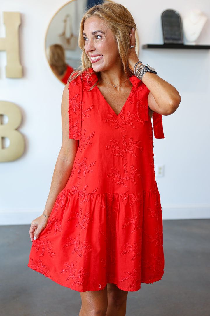 Tie Shoulder Textured Floral Dress - Red