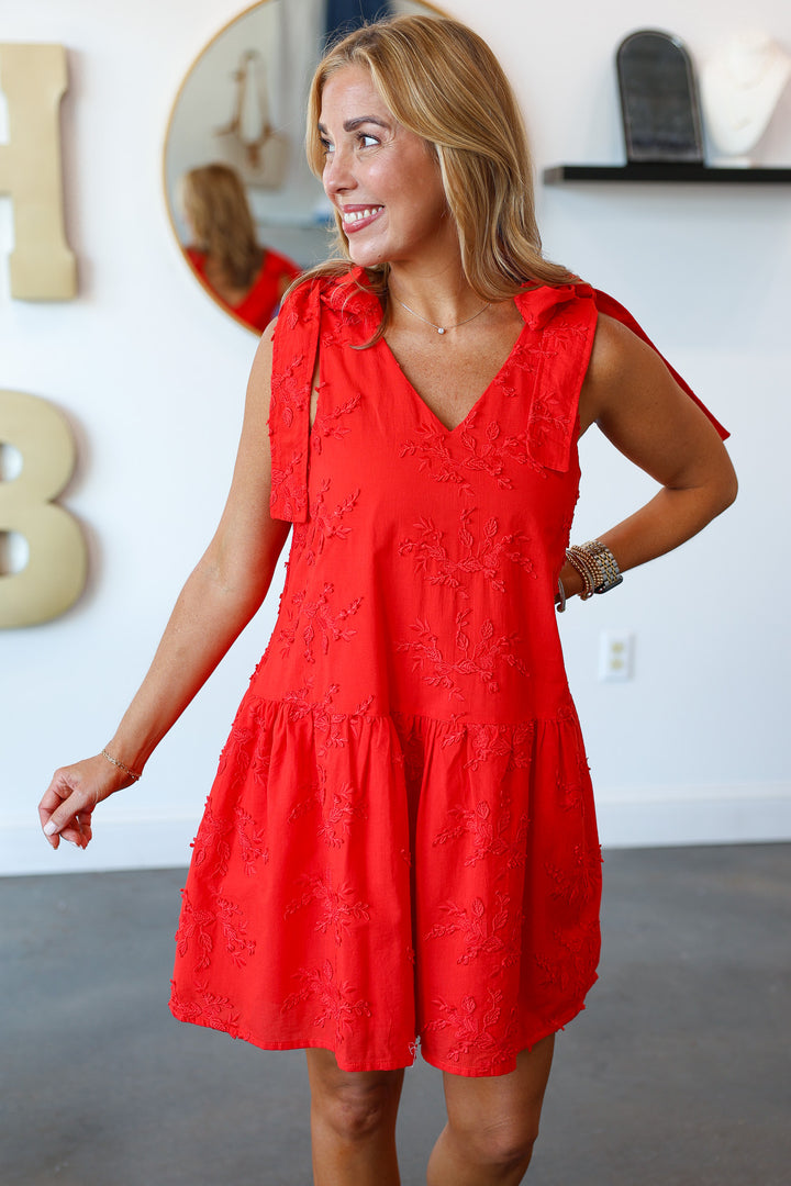 Tie Shoulder Textured Floral Dress - Red