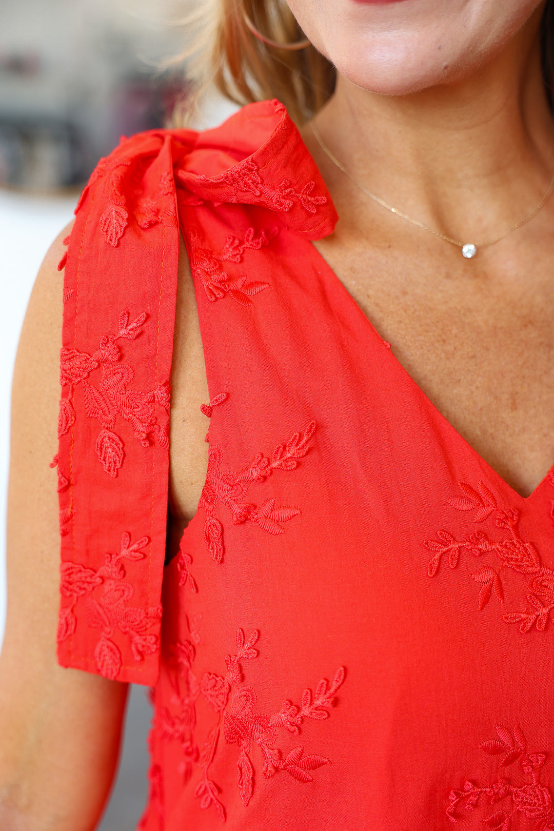 Tie Shoulder Textured Floral Dress - Red