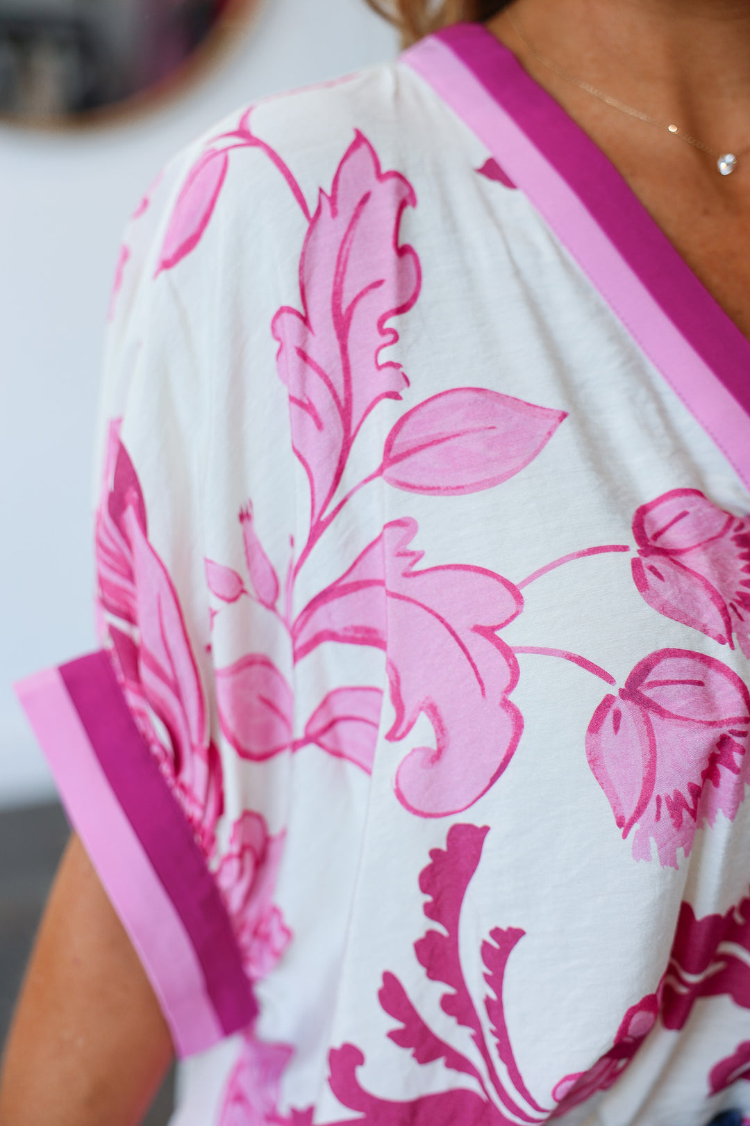 Oversized V Neck Printed Top - Pink