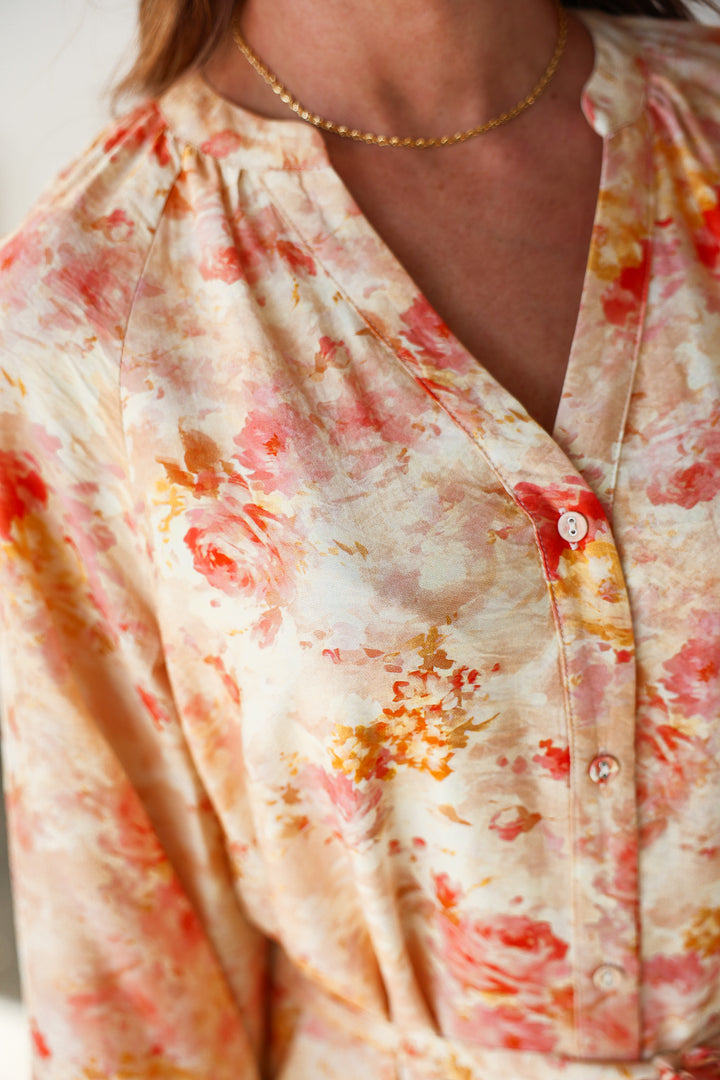 Button Down Tie Waist Dress - Peach