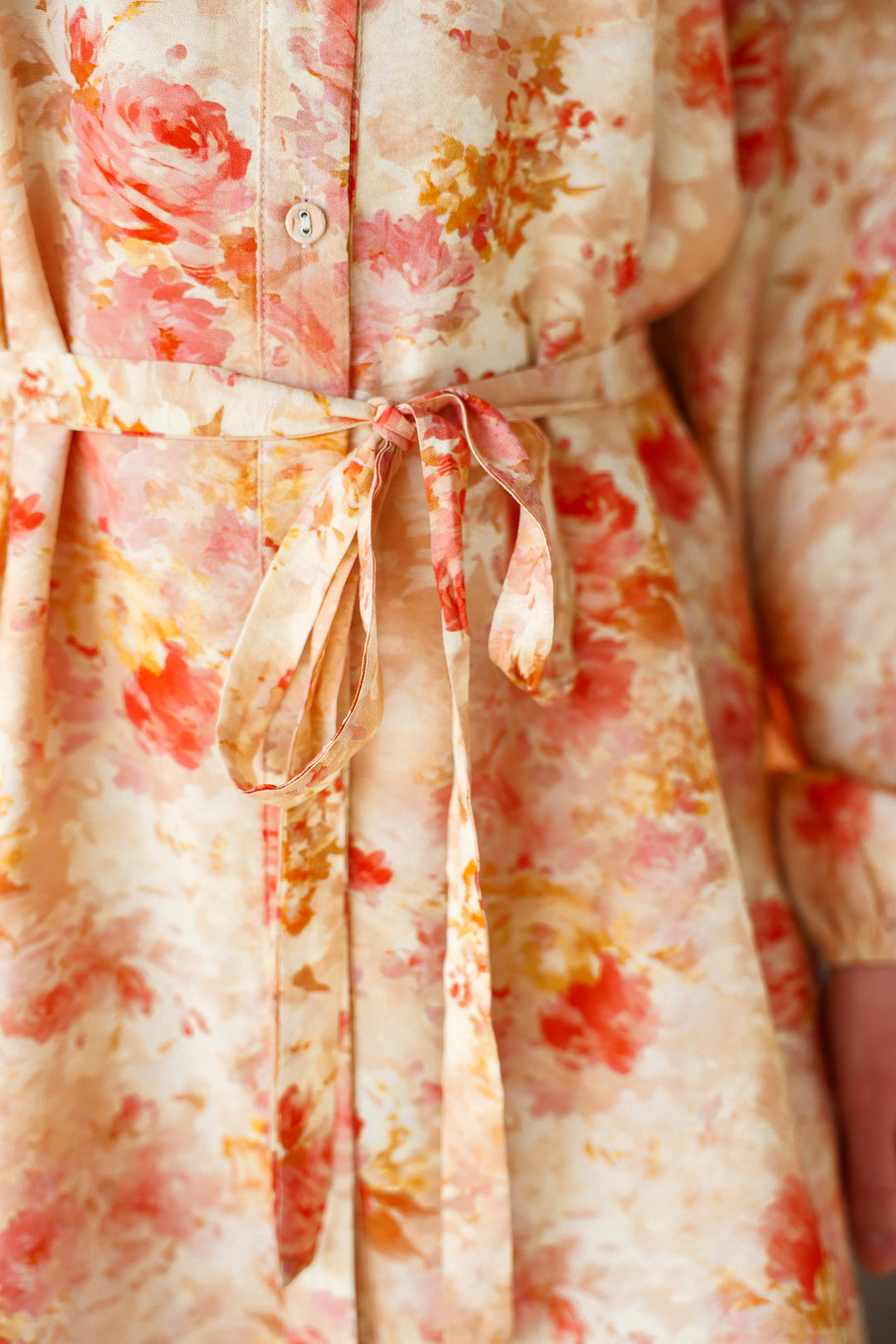 Button Down Tie Waist Dress - Peach