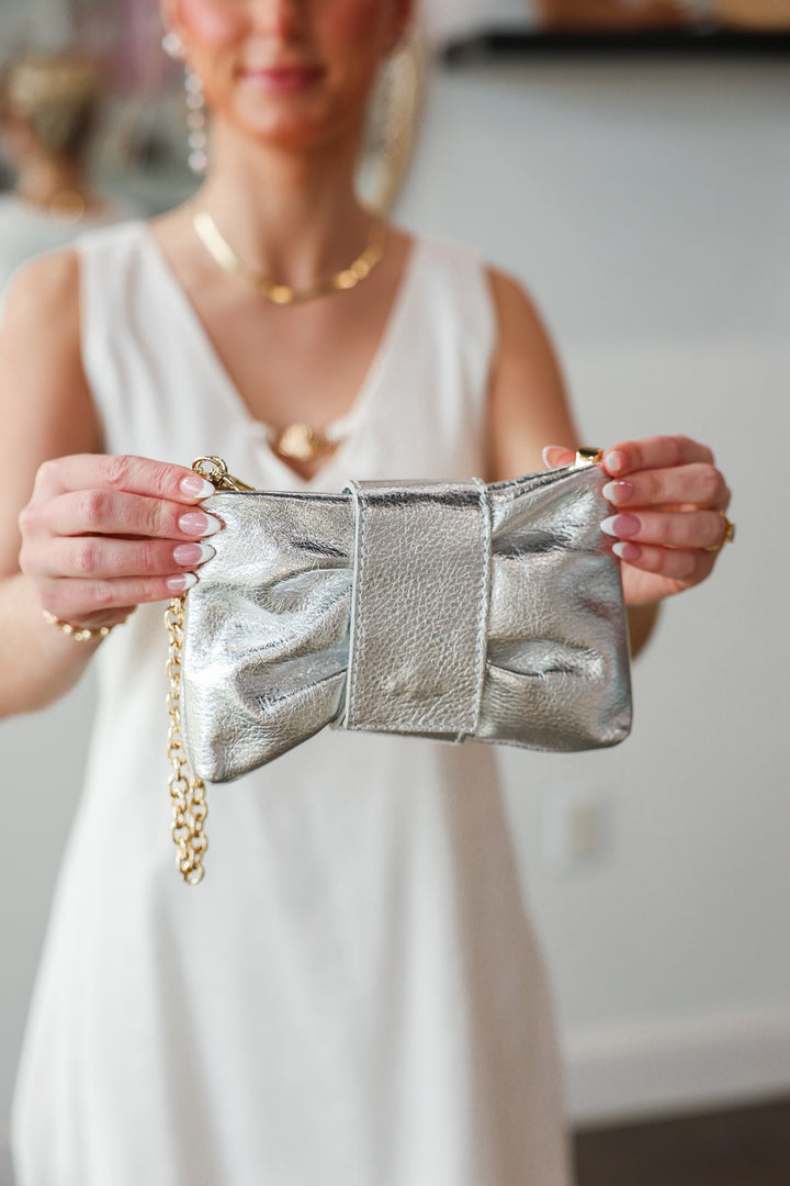 Genuine Italian Leather Clutch - Silver