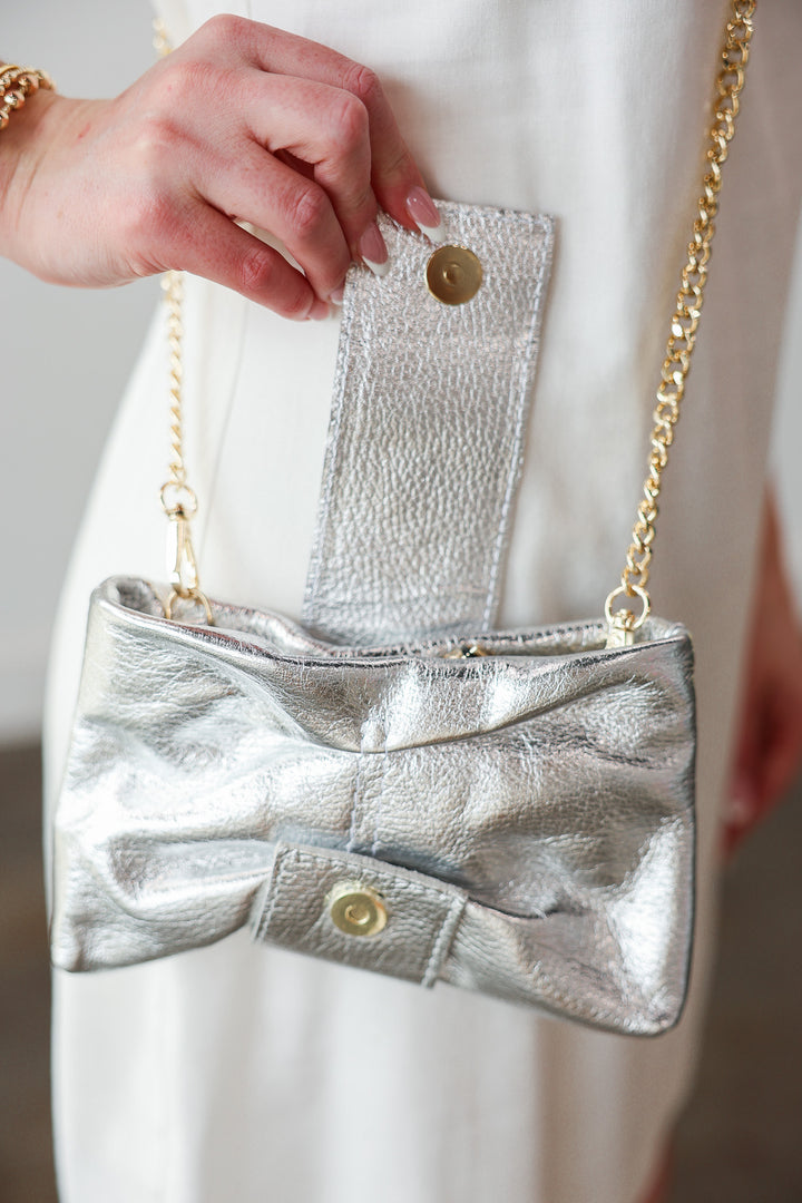 Genuine Italian Leather Clutch - Silver
