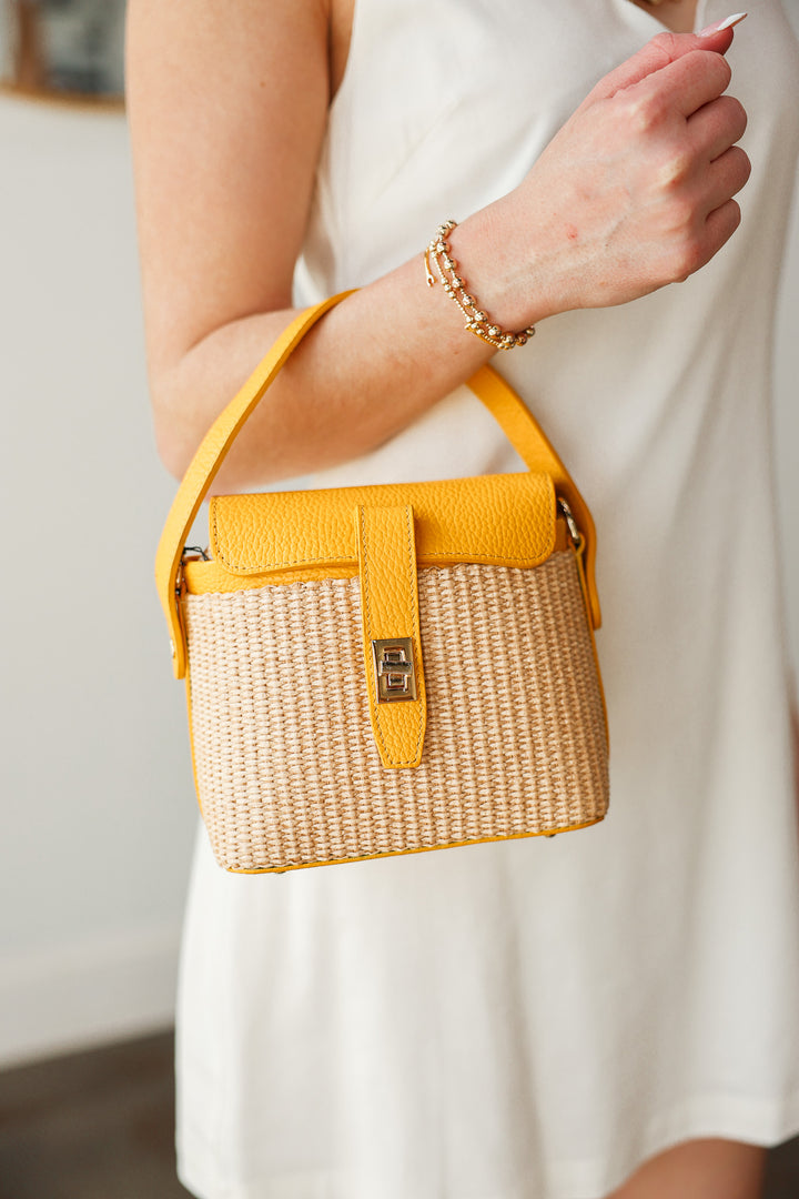 Genuine Italian Leather + Rattan Bag - Yellow