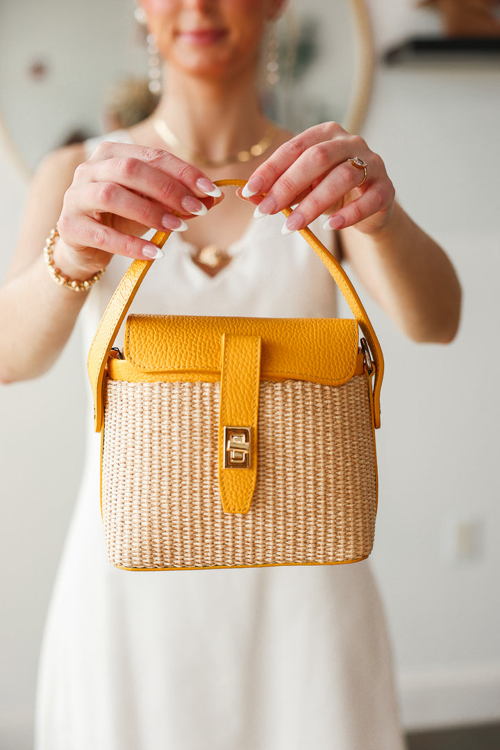 Genuine Italian Leather + Rattan Bag - Yellow