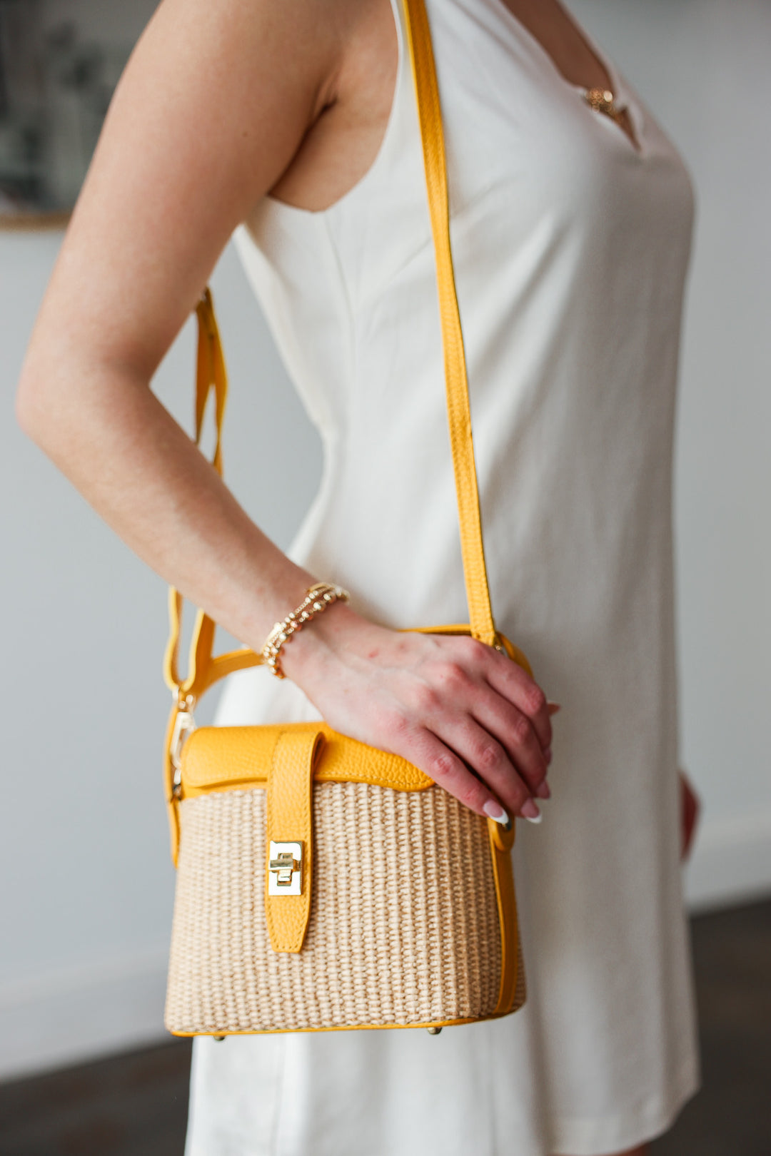 Genuine Italian Leather + Rattan Bag - Yellow