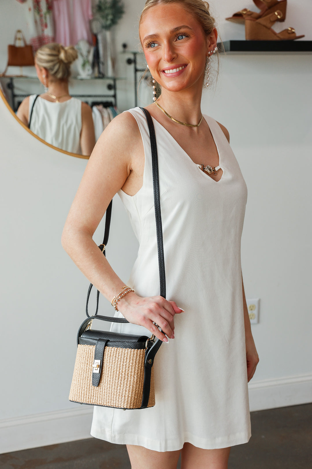 Genuine Italian Leather + Rattan Bag - Black