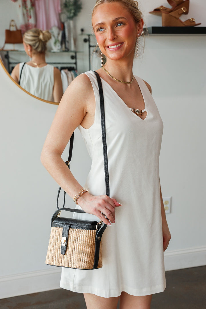 Genuine Italian Leather + Rattan Bag - Black
