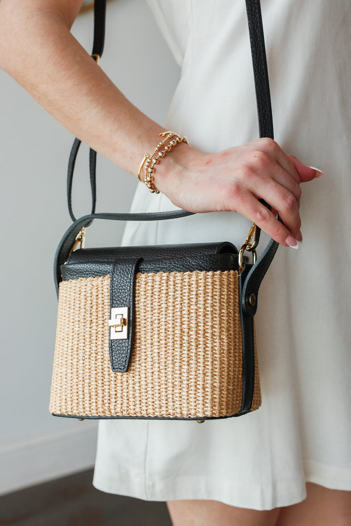 Genuine Italian Leather + Rattan Bag - Black