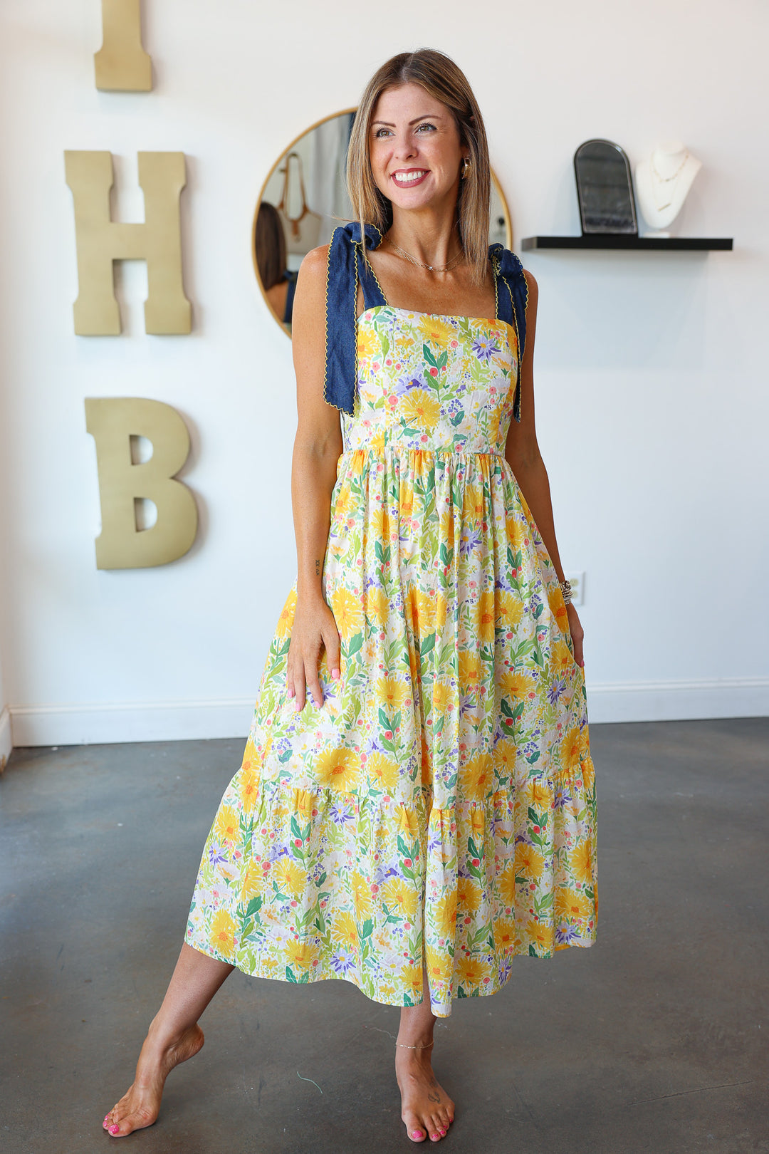 denim tie shoulder dress Denim Tie Shoulder Floral Maxi large
