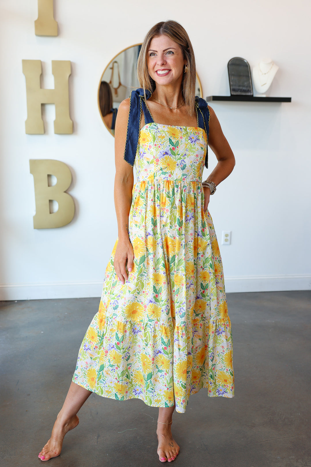 Denim Tie Shoulder Floral Maxi medium