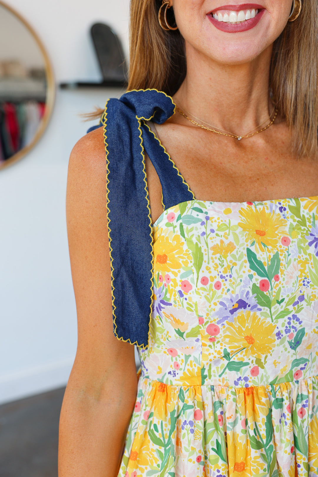 denim tie shoulder dress Square Neck Tie Shoulder Denim Dress