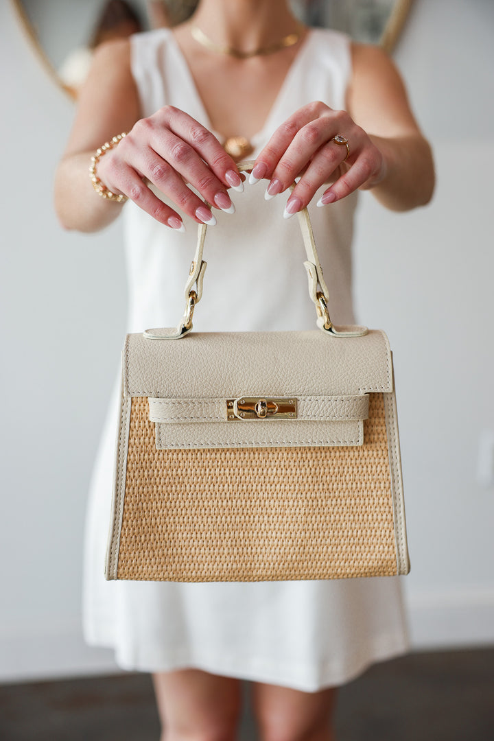 Raffia + Genuine Italian Leather Top Handle Crossbody