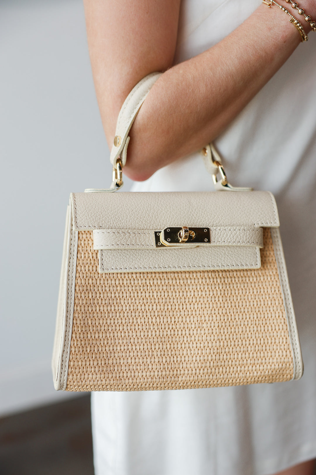 Raffia + Genuine Italian Leather Top Handle Crossbody
