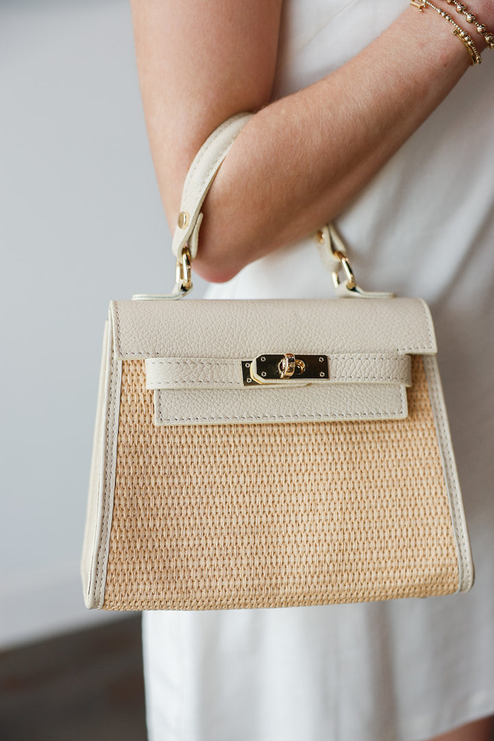 Raffia + Genuine Italian Leather Top Handle Crossbody