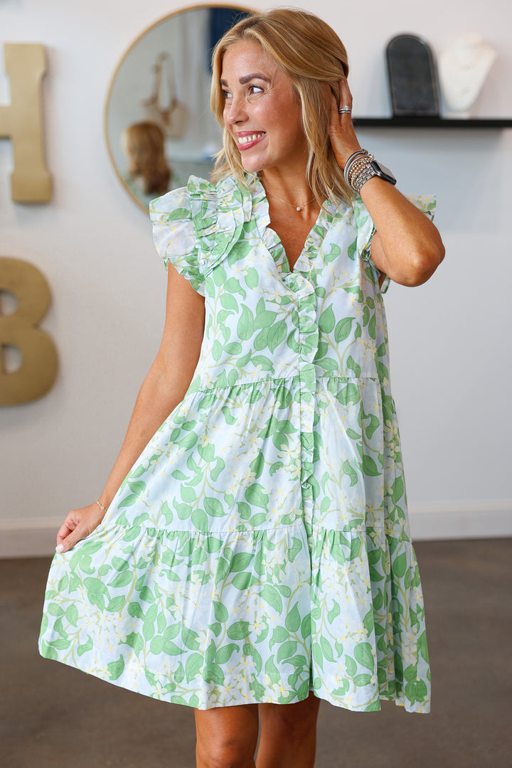 Ruffle Shoulder Tiered Floral Dress