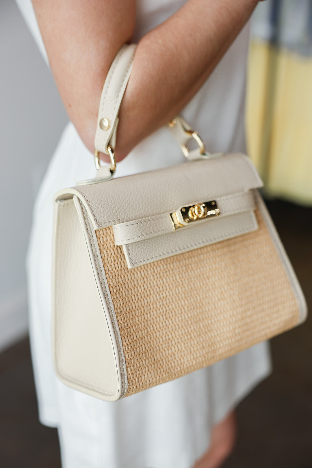Raffia + Genuine Italian Leather Top Handle Crossbody