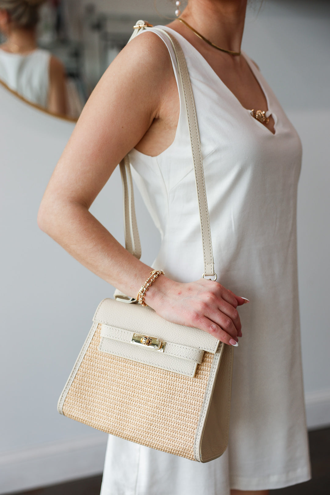 Raffia + Genuine Italian Leather Top Handle Crossbody