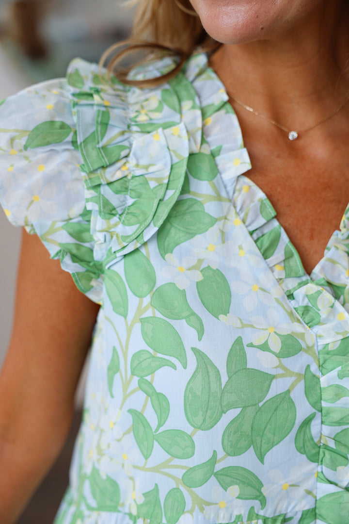 Ruffle Shoulder Tiered Floral Dress