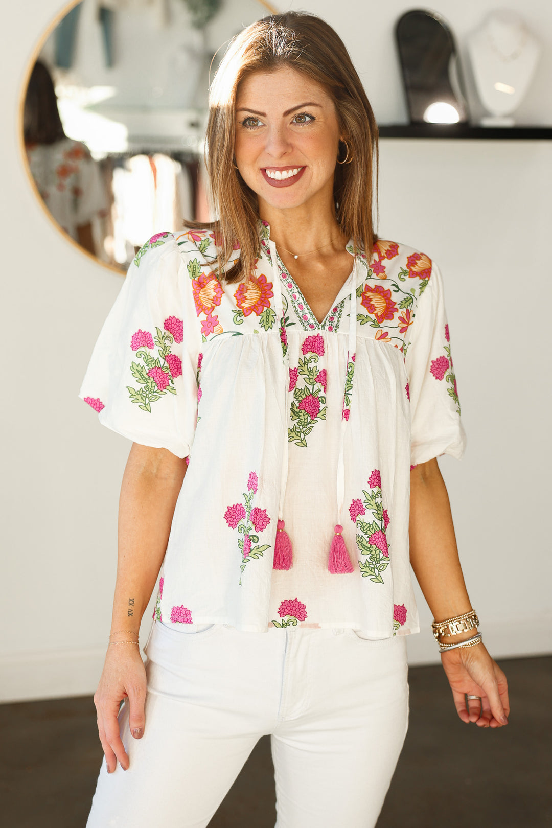 Floral Tassel Tie Top - White