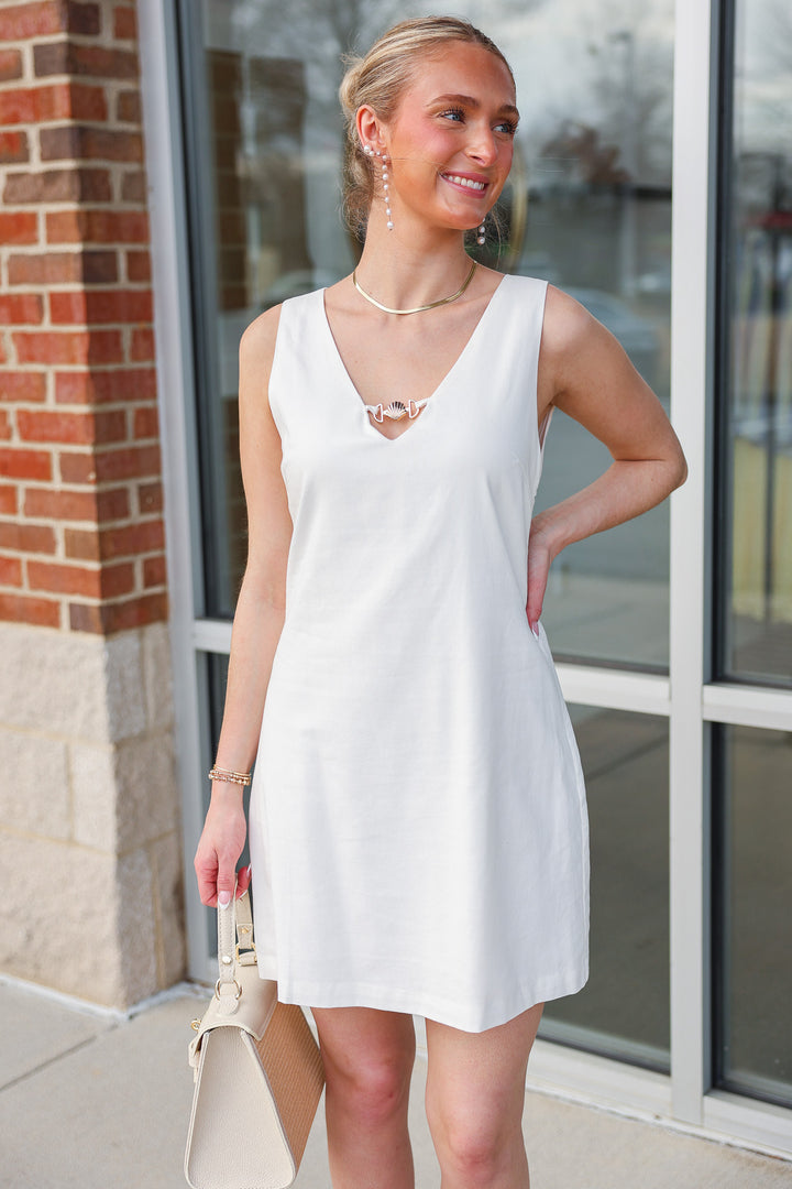 Shell Detail Linen Dress - Off White
