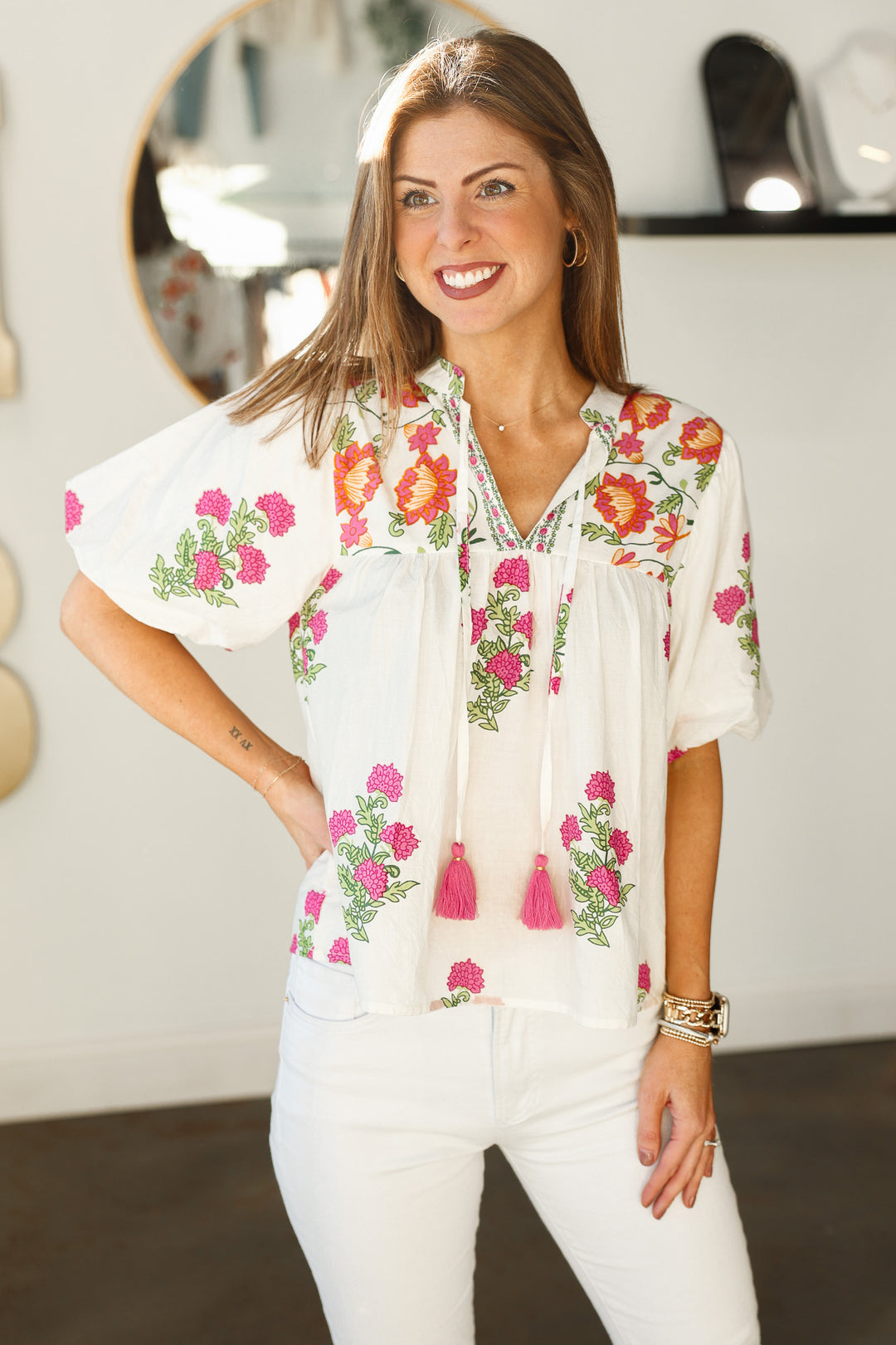 Floral Tassel Tie Top - White