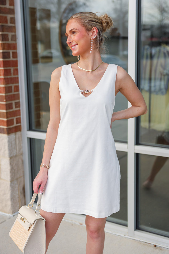 Shell Detail Linen Dress - Off White