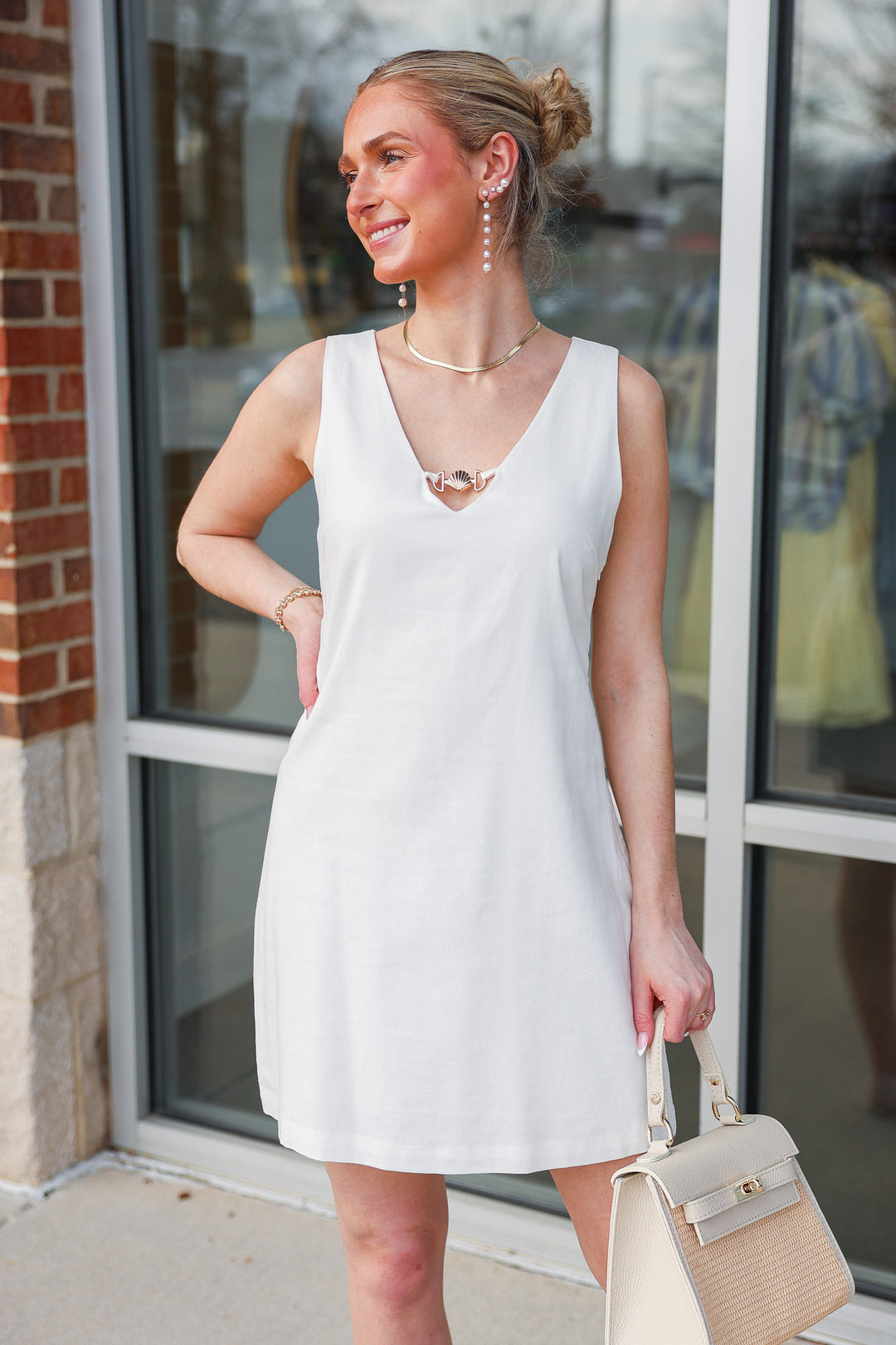 Shell Detail Linen Dress - Off White
