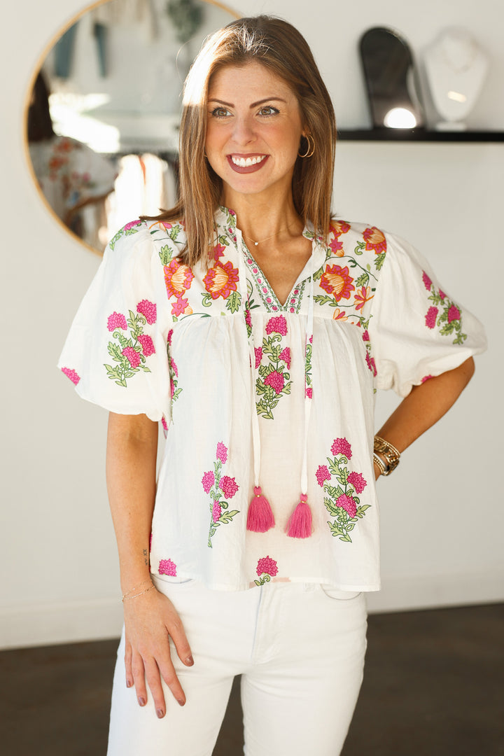 Floral Tassel Tie Top - White