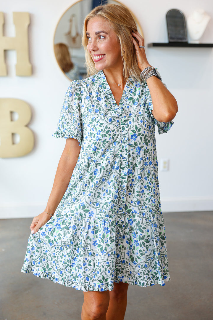 Ruffle Trim Floral Dress - Green/Blue