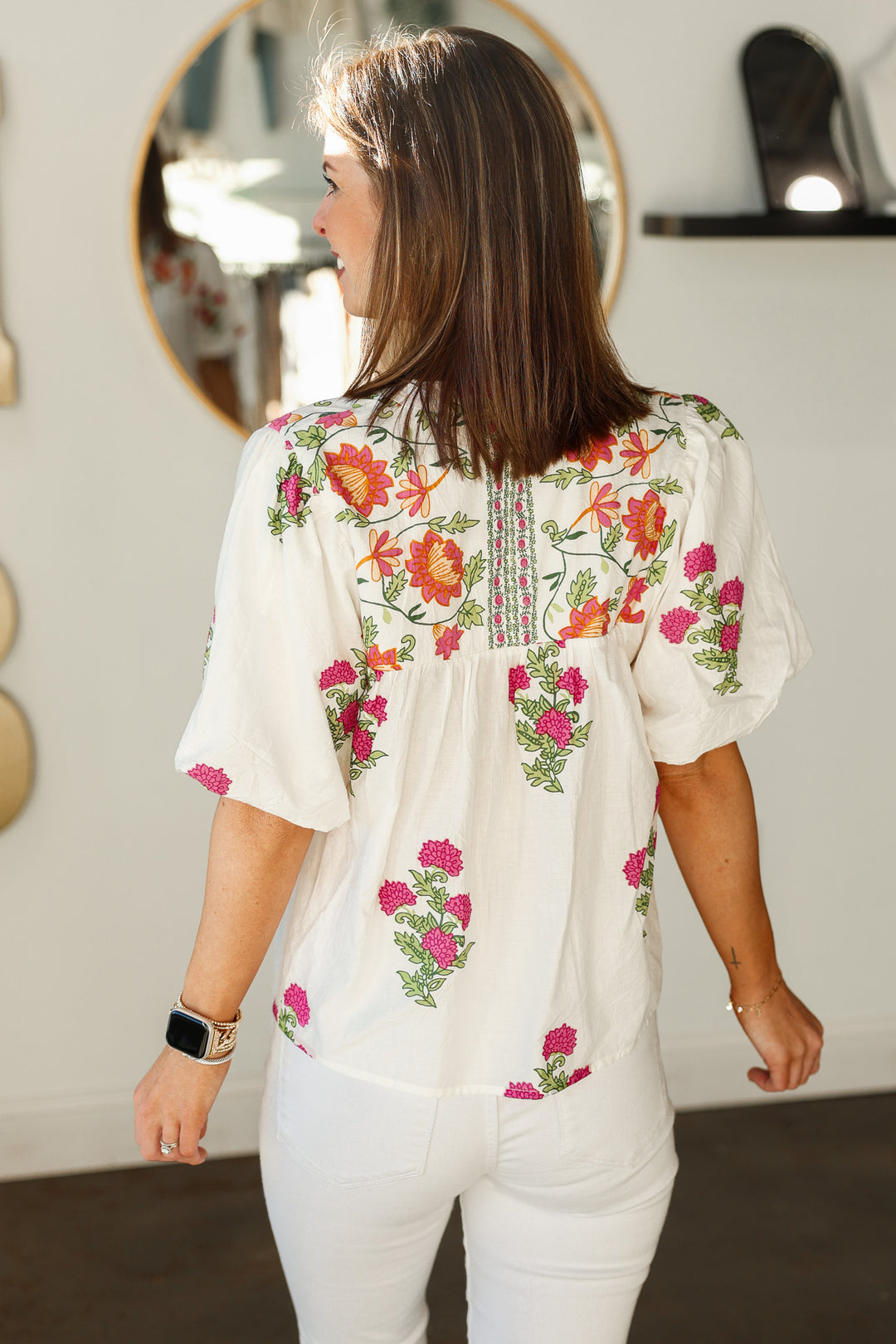 Floral Tassel Tie Top - White