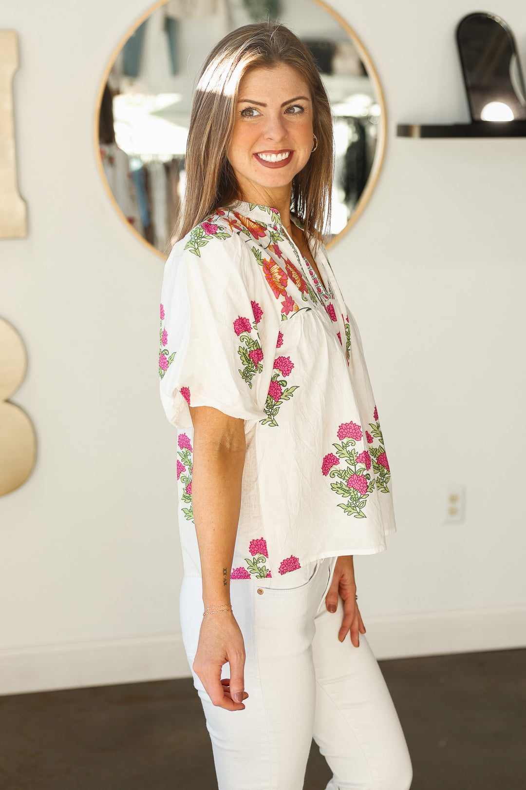 Floral Tassel Tie Top - White