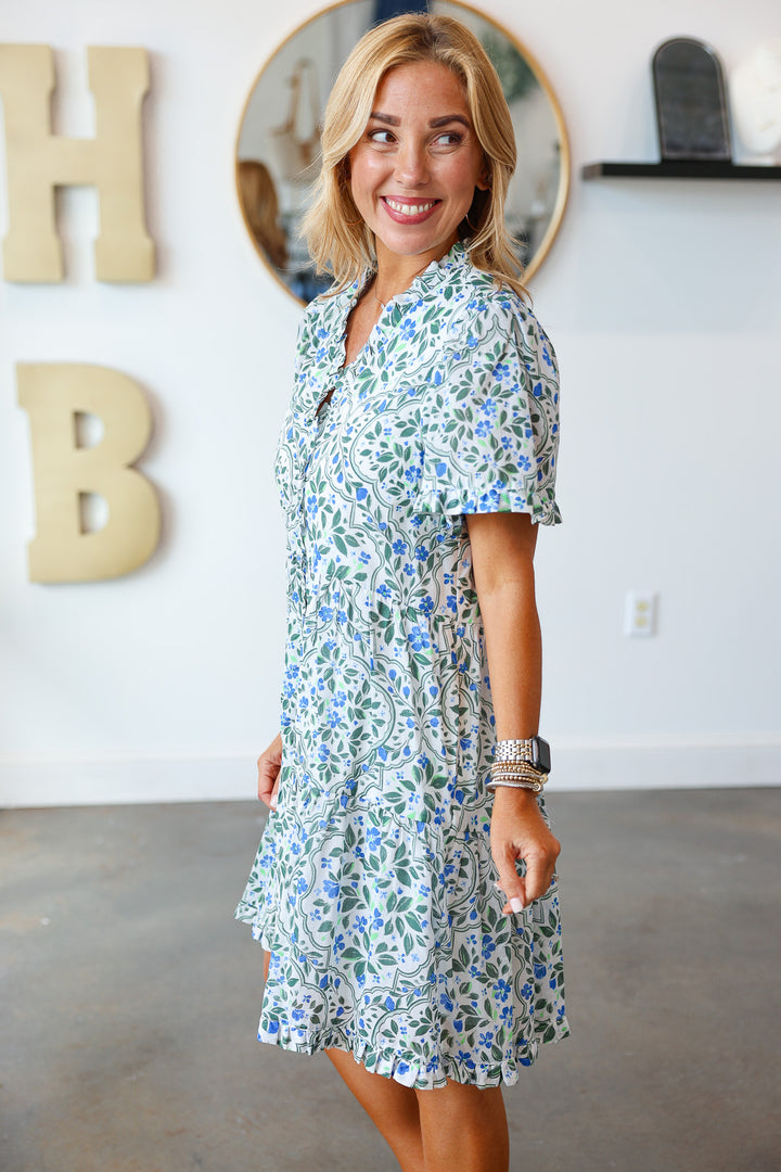 Ruffle Trim Floral Dress - Green/Blue
