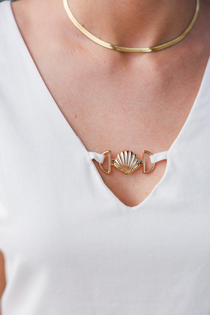 Shell Detail Linen Dress - Off White