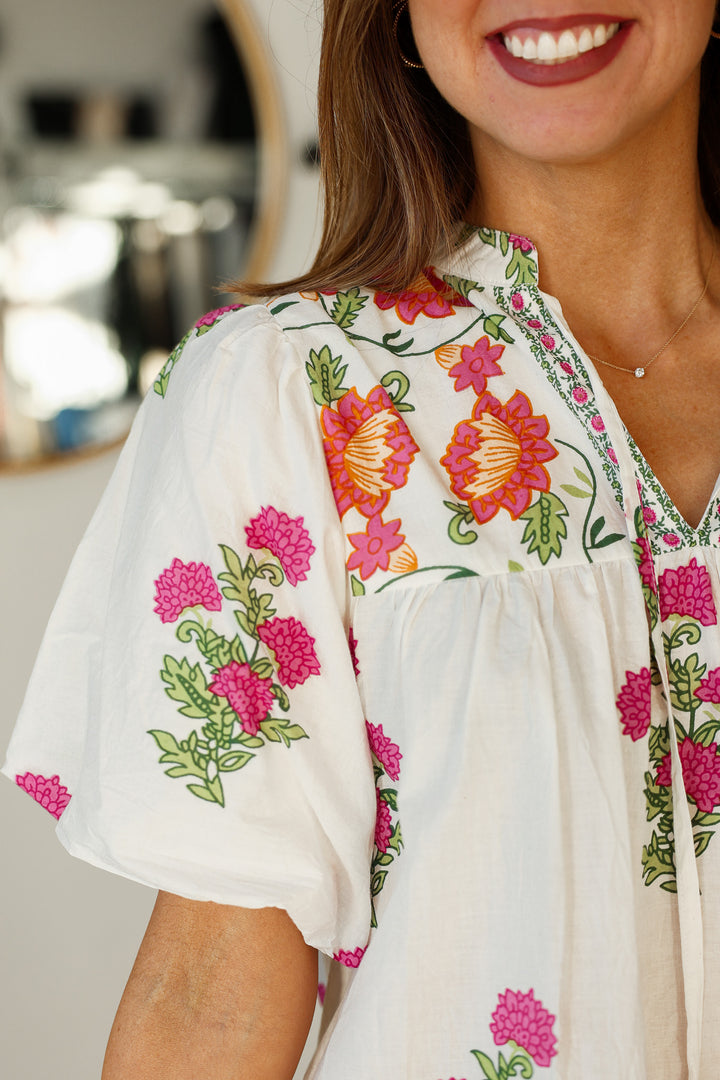 Floral Tassel Tie Top - White